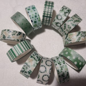 Greens washi tape set; pretty designs; 12 rolls!  decorative tape; journaling, scrapbooking