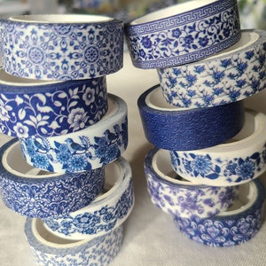 Blue & white washi tape set pretty designs 12 rolls decorative tape journaling, scrapbooking image 1