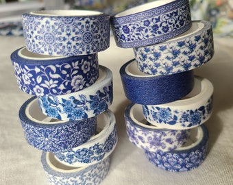 Blue & white washi tape set; pretty designs; 12 rolls!  decorative tape; journaling, scrapbooking