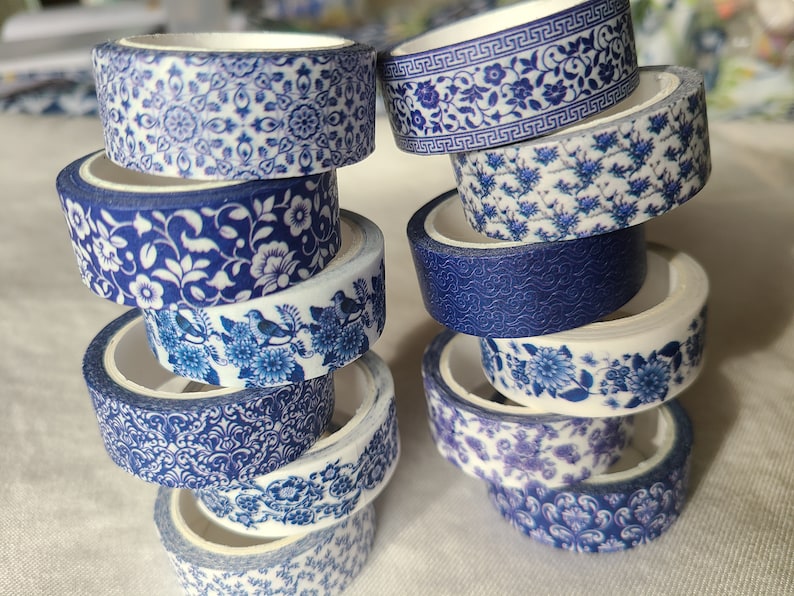 Blue & white washi tape set pretty designs 12 rolls decorative tape journaling, scrapbooking image 1