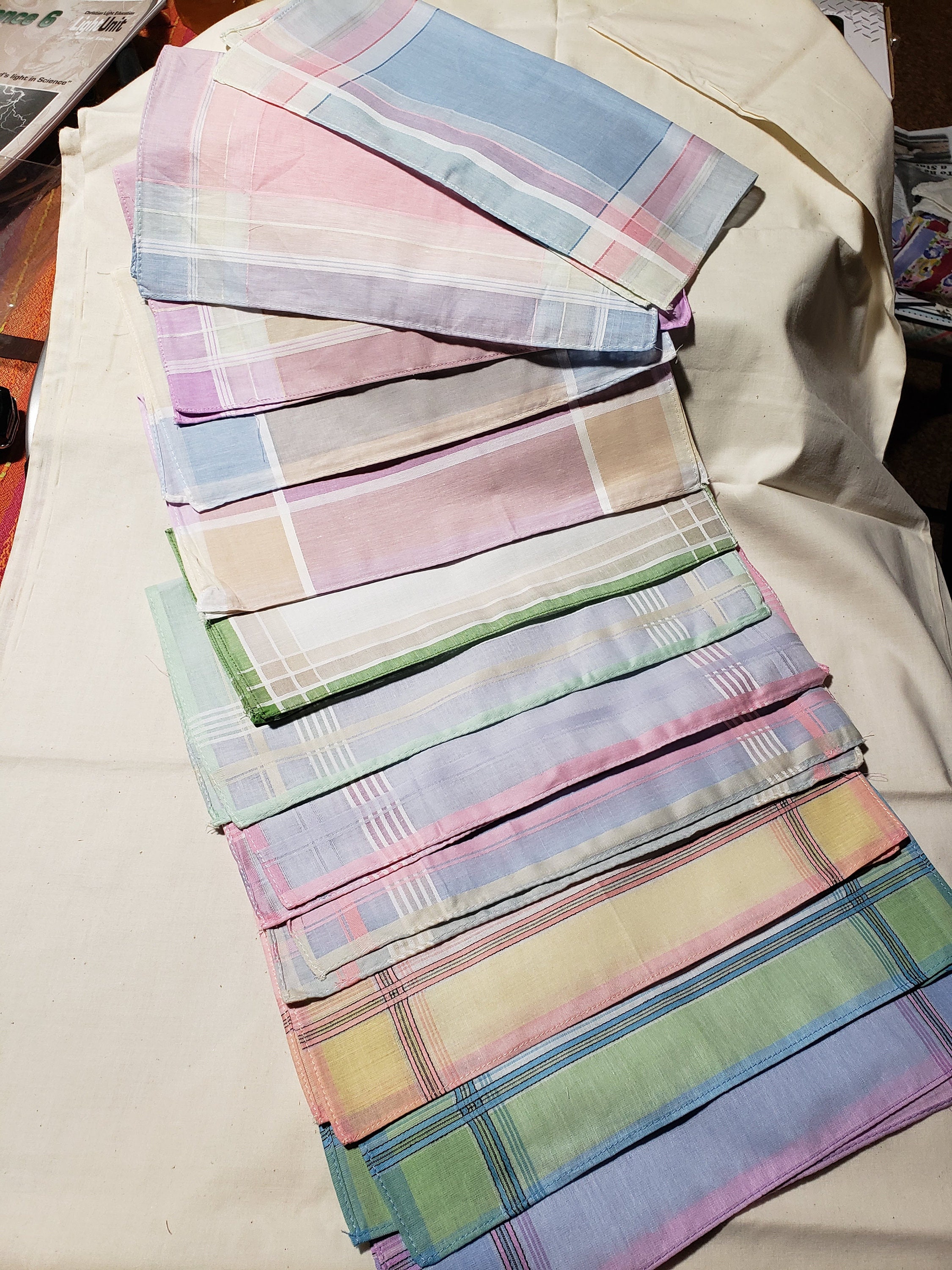 Plaid 100% cotton handkerchiefs assortment; set of 10; different colors, different plaids