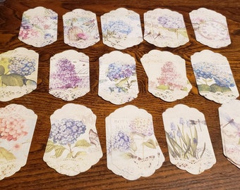 Paper tags with hydrangeas; blue & lavender flowers; set of 45 pieces; vintage look
