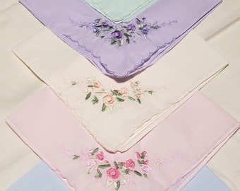 Set of 6 embroidered pastel colored handkerchiefs; 14" size