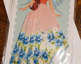 Handkerchief card; girl with fairy wings, greeting card; useable hankie; old fashioned; hankie skirt;