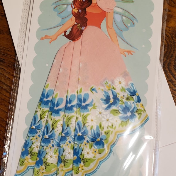 Handkerchief card; girl with fairy wings, greeting card; useable hankie; old fashioned; hankie skirt;