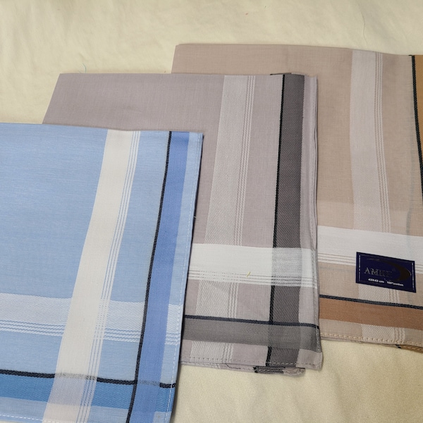 Men's cotton handkerchiefs, dozen men's light colored tan, gray, blue with stripes