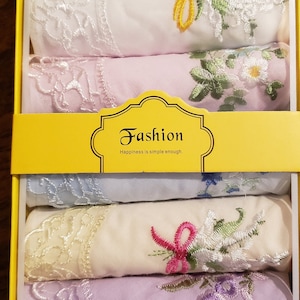 Gift boxed cotton handkerchiefs with embroidered flowers and lace corner 6 per box image 3