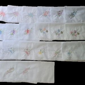 Ladies&#39; white handkerchiefs with embroidery and lace; great variety