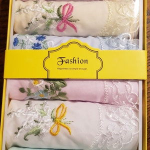Gift boxed cotton handkerchiefs with embroidered flowers and lace corner 6 per box image 7