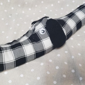 Dachshund draft stopper; draught excluder; Dog light blocker; pre filled; made of black and white check cotton fabric