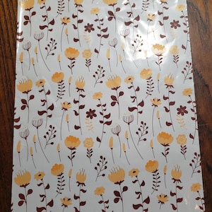 10 x 13 poly mailers&#39; poly bags; shipping; gold and brown flowers on white background; small flowers;  tough mailer; mailing bag