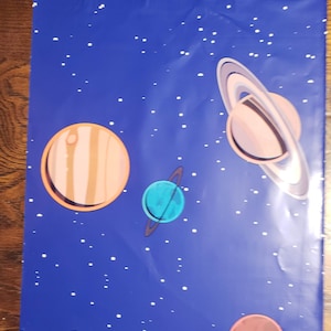 May include: A blue background with white stars and a rocket ship. There are four planets, one with rings, and a red planet.