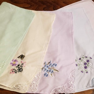 Lovely pastel colored handkerchiefs with embroidery and lace on one corner cotton soft colors set of 5 image 2