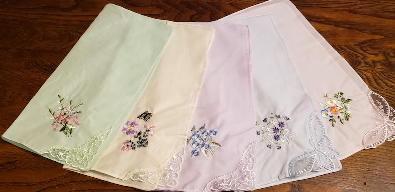 Lovely pastel colored handkerchiefs with embroidery and lace on one corner cotton soft colors set of 5 image 2