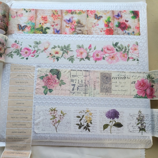 washi tape single rolls; roses, inspirational sayings; junk journals, gratitude journaling; scrapbooking; vintage look