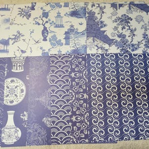 Chinoiserie ontwerpt blauw en wit scrapbookpapier;  grote variëteit; Vellen van 11,8 inch; pak van 24 stuks, 2 van elk 12 ontwerpen;