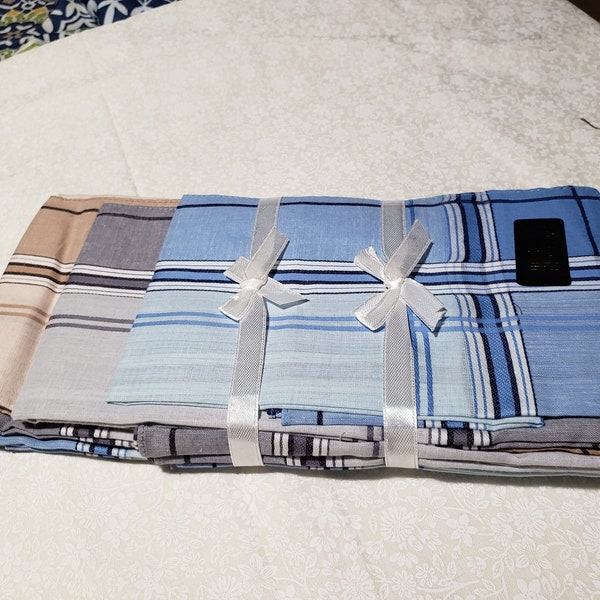 Men's cotton handkerchiefs, dozen men's light colored tan, gray, blue with stripes