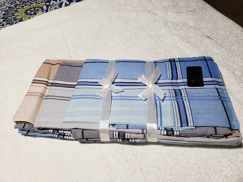 Men's cotton handkerchiefs, dozen men's light colored tan, gray, blue with stripes image 1