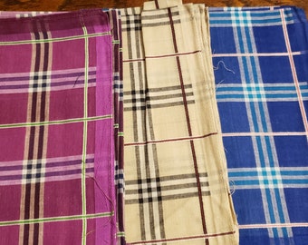 Heavier woven cotton plaid handkerchiefs; 12 pieces! purples, tans and dark blue; 17" So versatile!