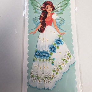 Cartão lenço; cartão de felicitações de fada; lenço utilizável; antiquado; saia lenço; bordas de rosas e margaridas; Branco azul