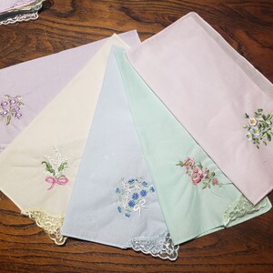 Lovely pastel colored handkerchiefs with embroidery and lace on one corner cotton soft colors set of 5 image 9