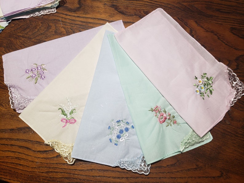 Lovely pastel colored handkerchiefs with embroidery and lace on one corner cotton soft colors set of 5 image 9
