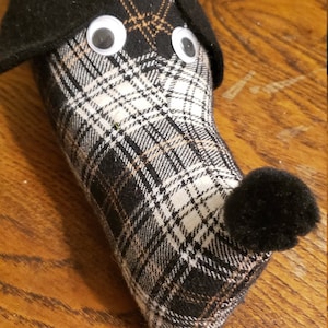 Dachshund draft stopper; draught excluder; Dog light blocker; pre filled black, white & gold plaid flannel fabric