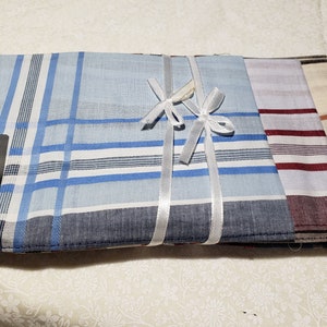 Men's cotton handkerchiefs, dozen men's light colored tan, gray, blue with stripes image 9