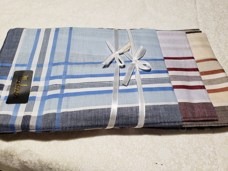 Men's cotton handkerchiefs, dozen men's light colored tan, gray, blue with stripes image 9