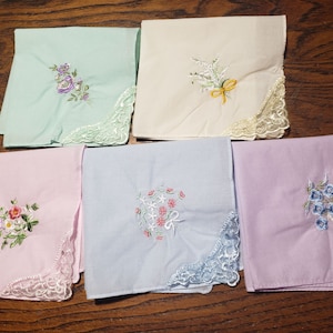 Lovely pastel colored handkerchiefs with embroidery and lace on one corner; cotton; soft colors; set of 5
