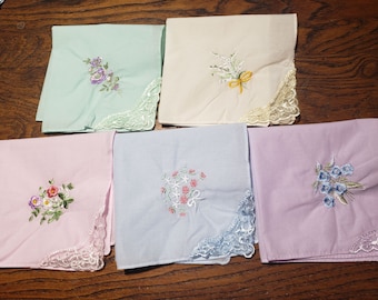 Lovely pastel colored handkerchiefs with embroidery and lace on one corner; cotton; soft colors; set of 5