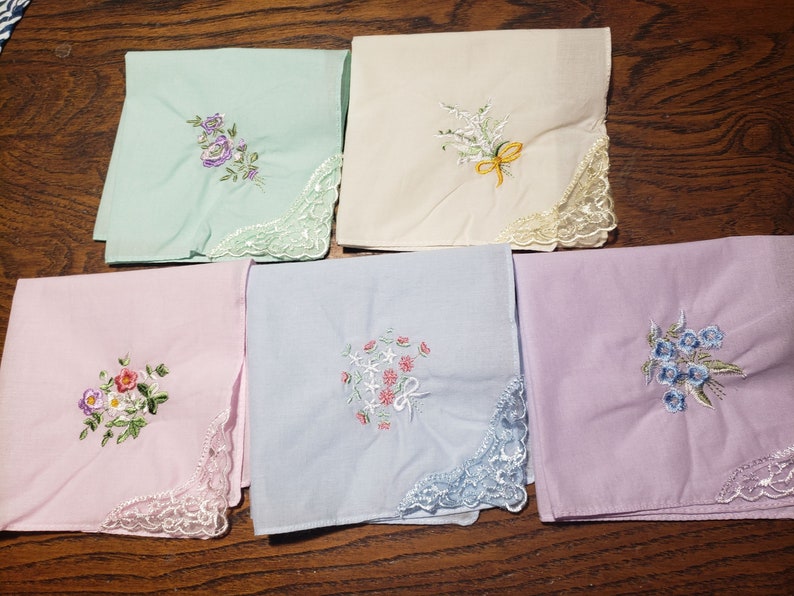 Lovely pastel colored handkerchiefs with embroidery and lace on one corner cotton soft colors set of 5 image 1