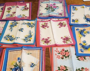 Set of 10 bright border handkerchiefs; hankies; floral; crafting fabric