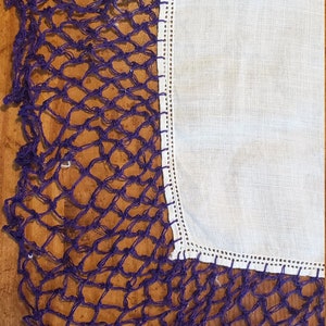Vintage handkerchief; white linen with wide deep purple crocheted edging;