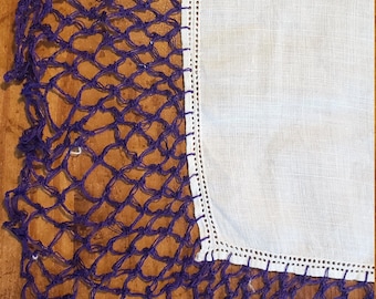 Vintage handkerchief; white linen with wide deep purple crocheted edging;