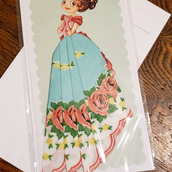 Handkerchief card; young lady, beautiful greeting card; useable roses hankie; old fashioned; hankie skirt