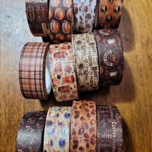 Coffee themed washi tape set; pretty designs; 12 rolls!  decorative tape; journaling, scrapbooking