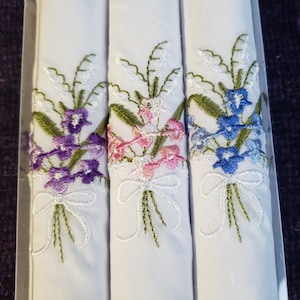 3 embroidered handkerchiefs with lace corner; gift boxed; pink, purple & blue