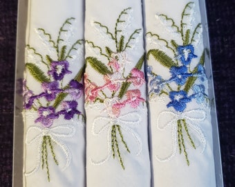 3 embroidered handkerchiefs with lace corner; gift boxed; pink, purple & blue