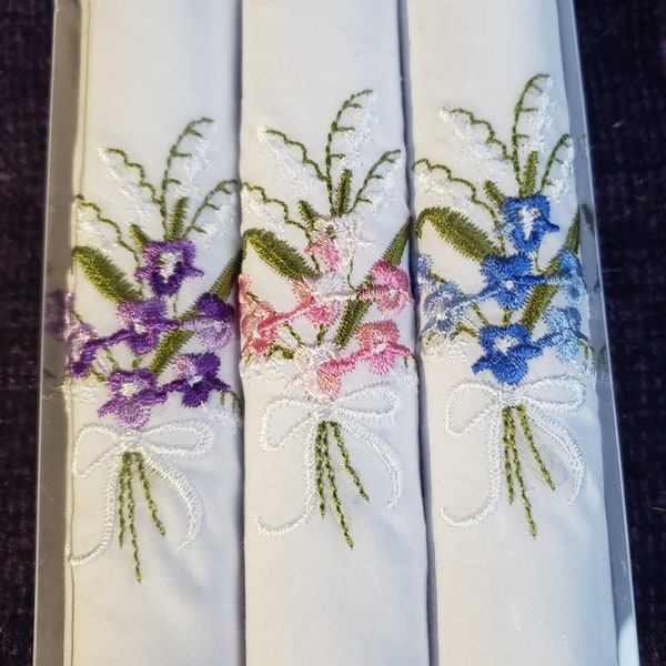 3 embroidered handkerchiefs with lace corner; gift boxed; pink, purple & blue