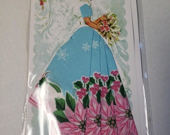 Handkerchief card; bride, wedding card; useable hankie; old fashioned; hankie skirt blue with  pink flowers
