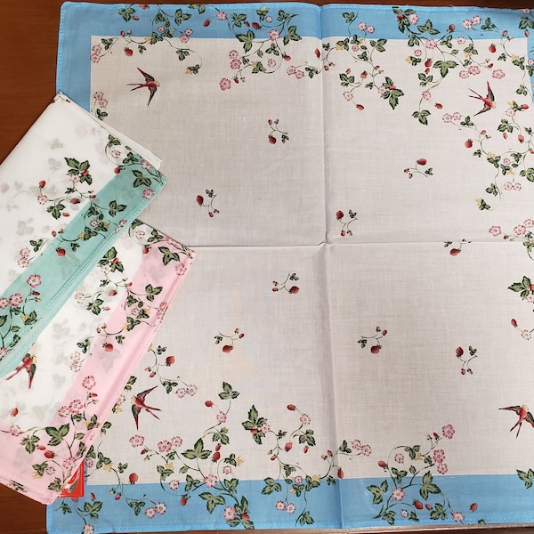 Large ladies handkerchiefs with birds, strawberries and tiny flowers; 3 colors in each set; pink, blue, green; 17" square