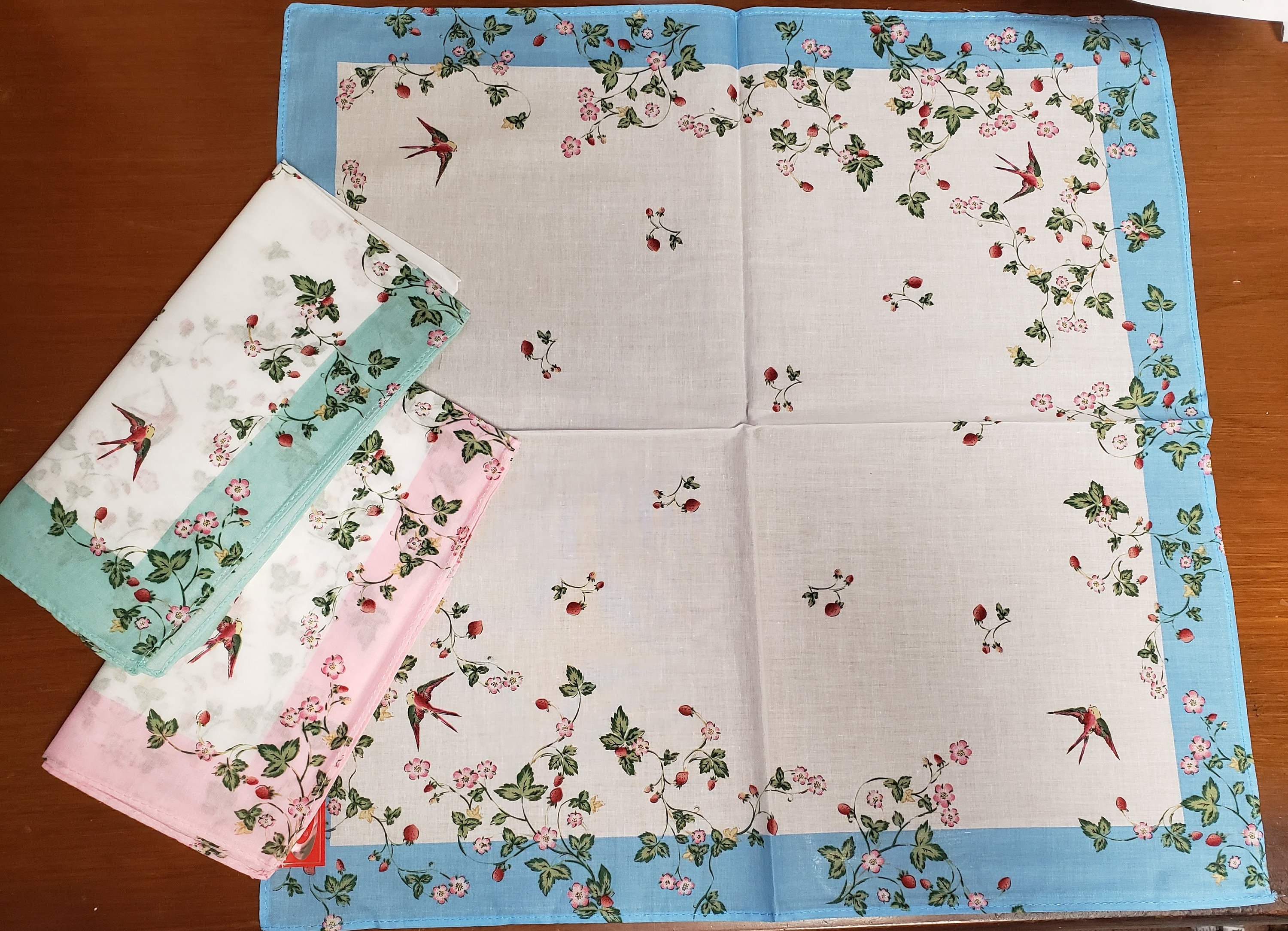 Bird & Strawberry Cotton Handkerchiefs - Set of 3 (17" Square)