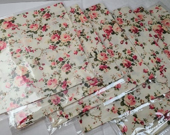 Ivory with pink roses cotton hankies or napkins; 6 per set