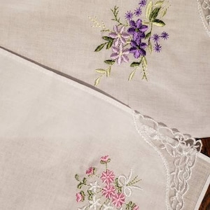 Lovely white  handkerchiefs with embroidery and lace on one corner; cotton; colors of flowers will vary; set of 5