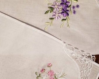 Lovely white  handkerchiefs with embroidery and lace on one corner; cotton; colors of flowers will vary; set of 5