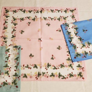 Large ladies handkerchiefs with berries and flowers; 3 colors in each set; pink, blue, green; 17" square