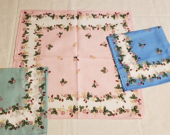 Large ladies handkerchiefs with berries and flowers; 3 colors in each set; pink, blue, green; 17" square