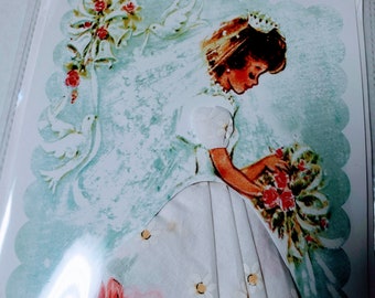 Handkerchief card; bride, wedding card; useable hankie; old fashioned; hankie skirt white with  coral flowers and daisies
