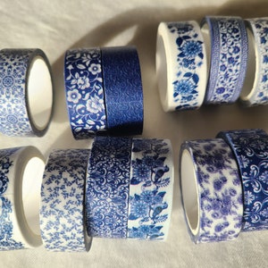 Blue & white washi tape set pretty designs 12 rolls decorative tape journaling, scrapbooking image 4